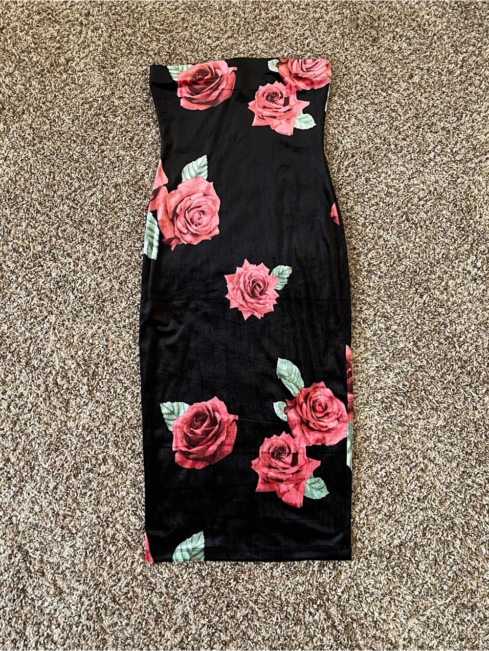 Beautiful DNA Couture Black Red Rose Velvet Strapless Midi Tube Dress Women's M